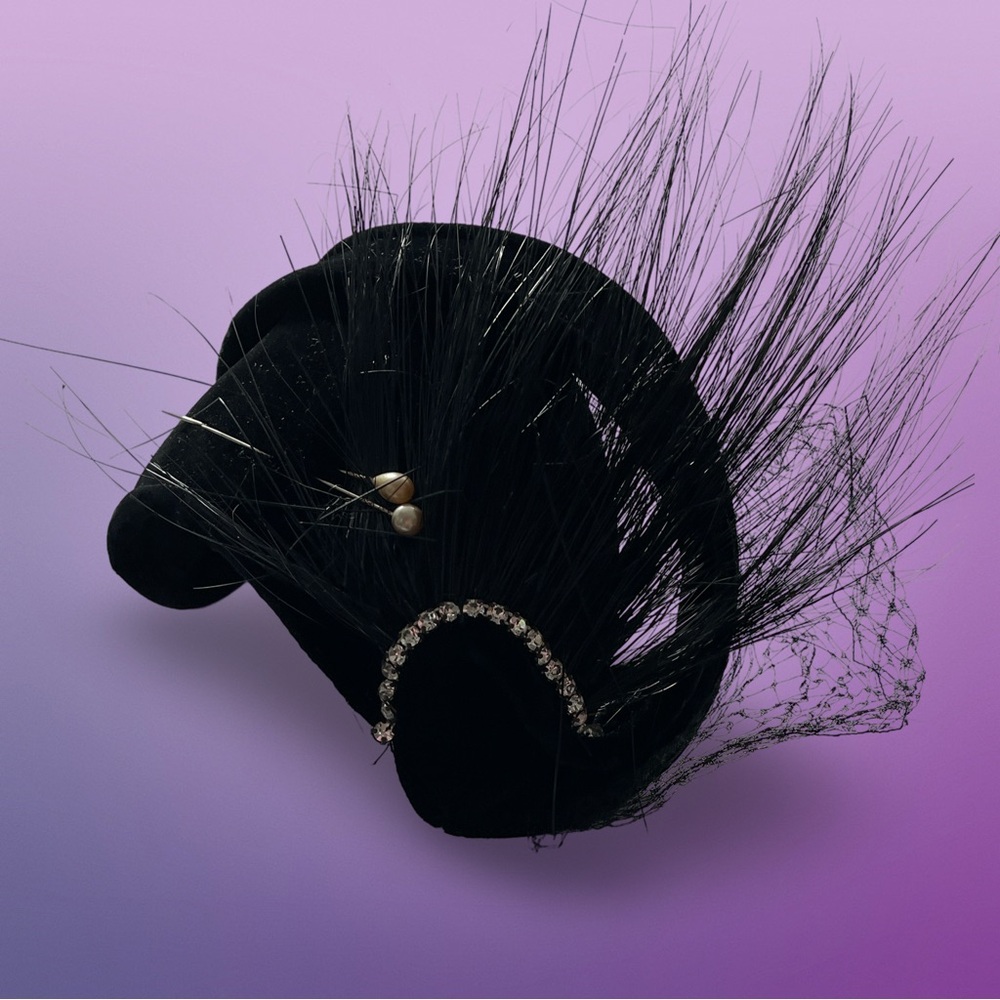 Vintage 50’s 60’s Black Velvet Fascinator Derby Hat Feather, Rhinestone Details